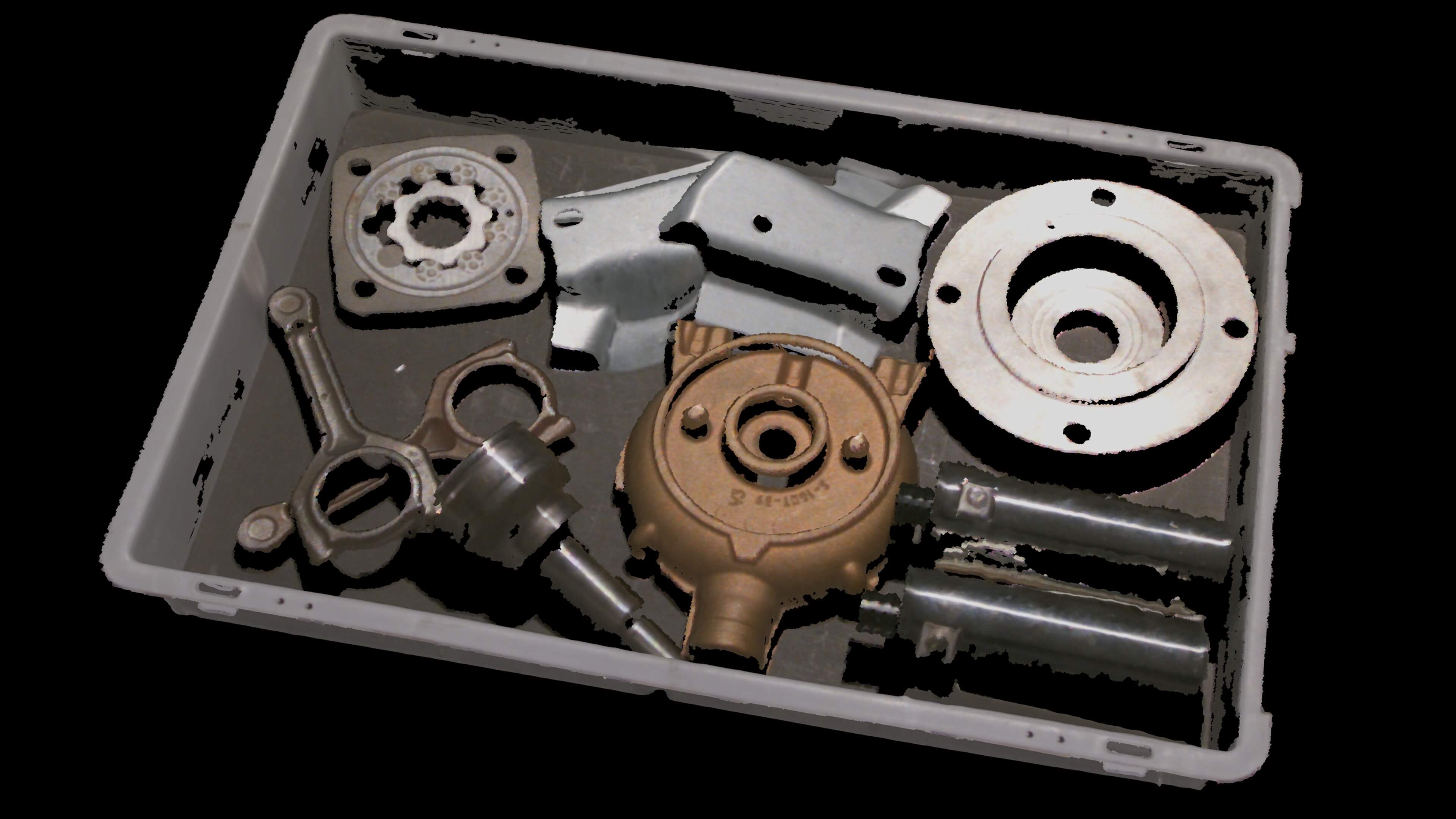 로봇 쓰레기통 피킹에서 반짝이고 반사되는 부품과 함께 작동 - Zivid 3 XL250